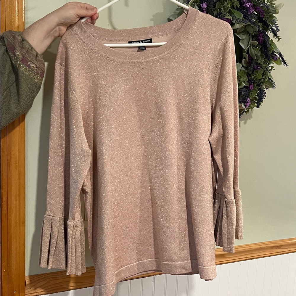 Cable & Gauge Blush Metallic Ruffle-Sleeve Crewneck Sweater